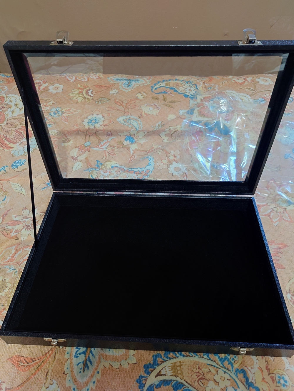 Jewlery Display Box W/ Real Glass Top, Velvet Interior Lining, Hinged Lock